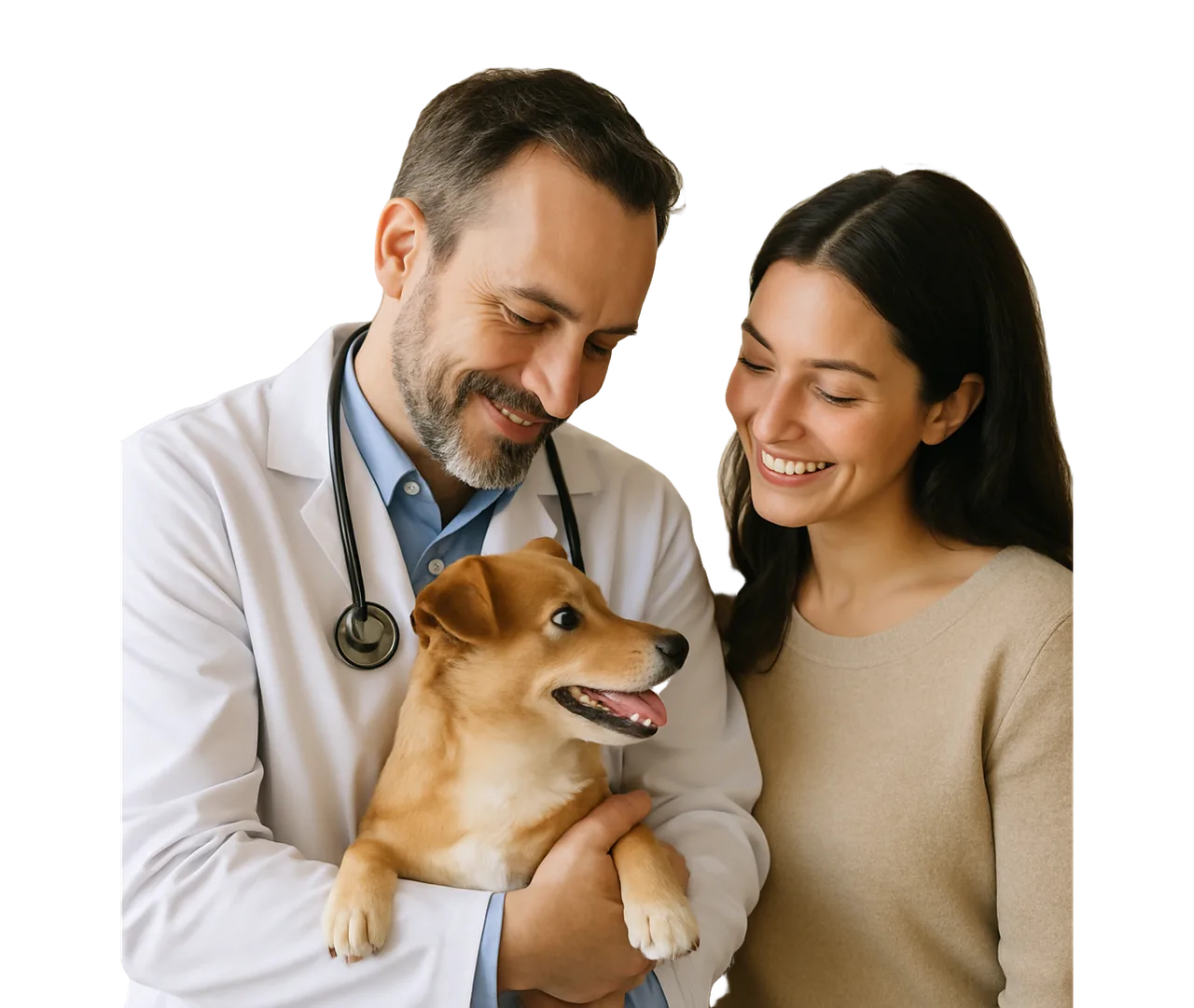 A veterinarian and a pet owner with a dog