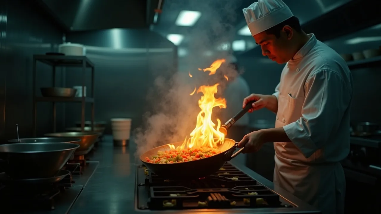 Chef tossing vegetables in a flaming wok
